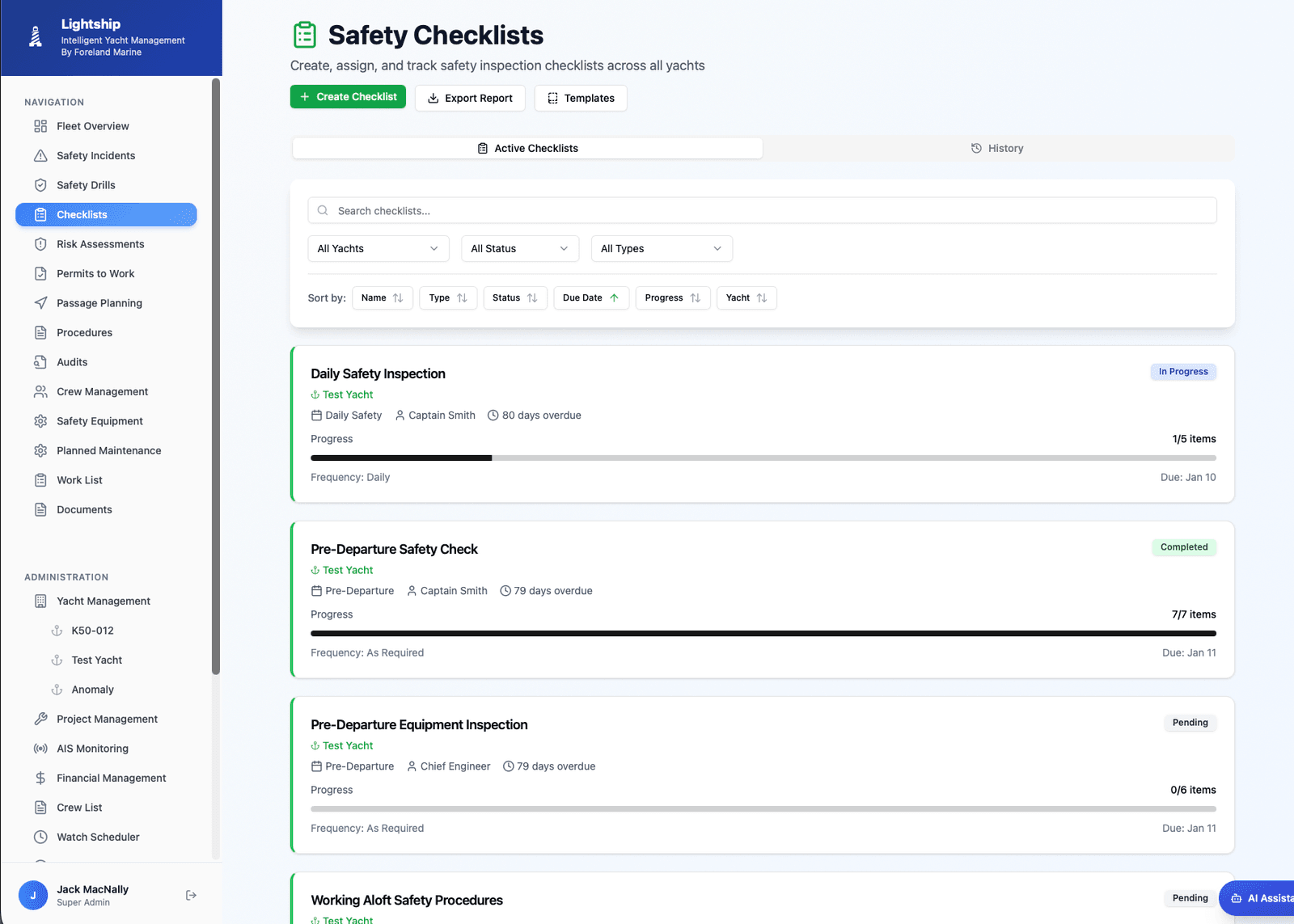 Safety checklists with progress tracking
