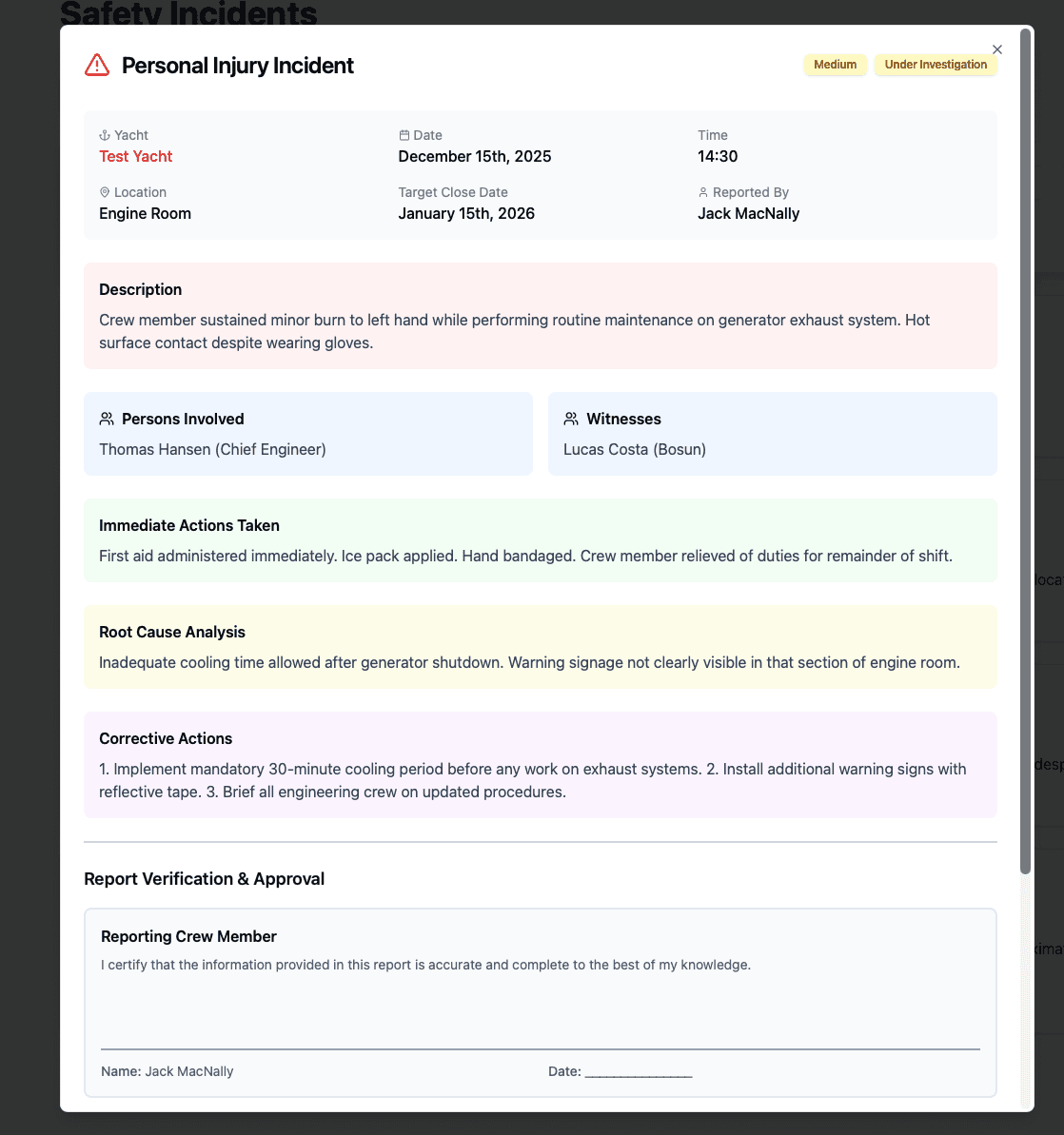 Safety incident report with root cause analysis