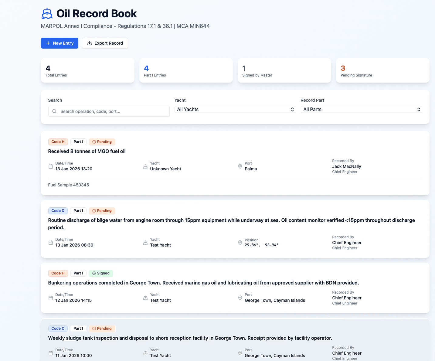 Oil record book with MARPOL entries