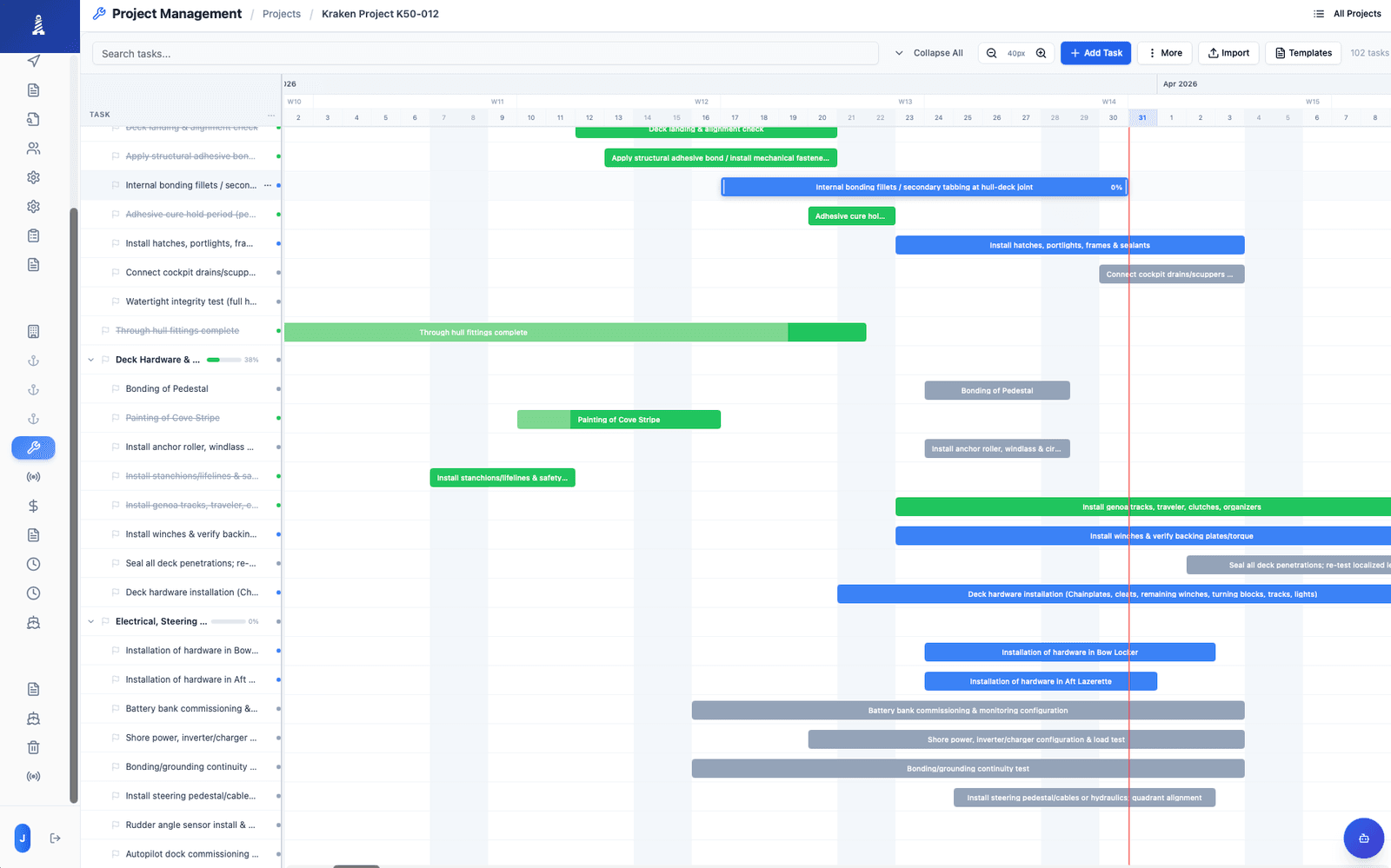 Project management Gantt chart for yacht refit
