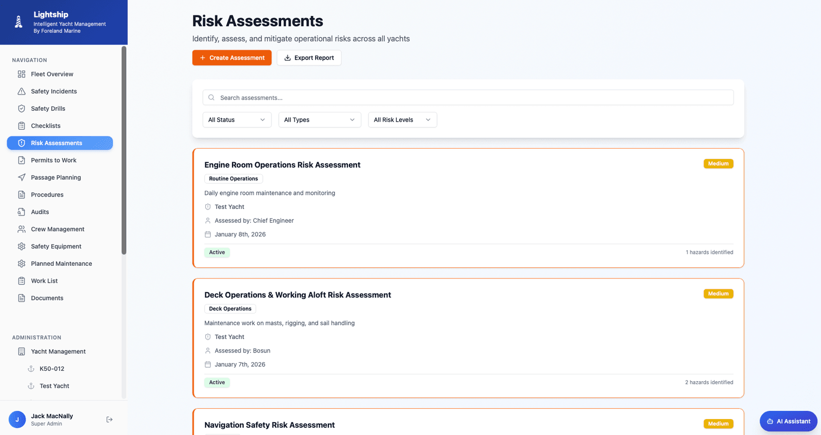 Risk assessments list with status indicators