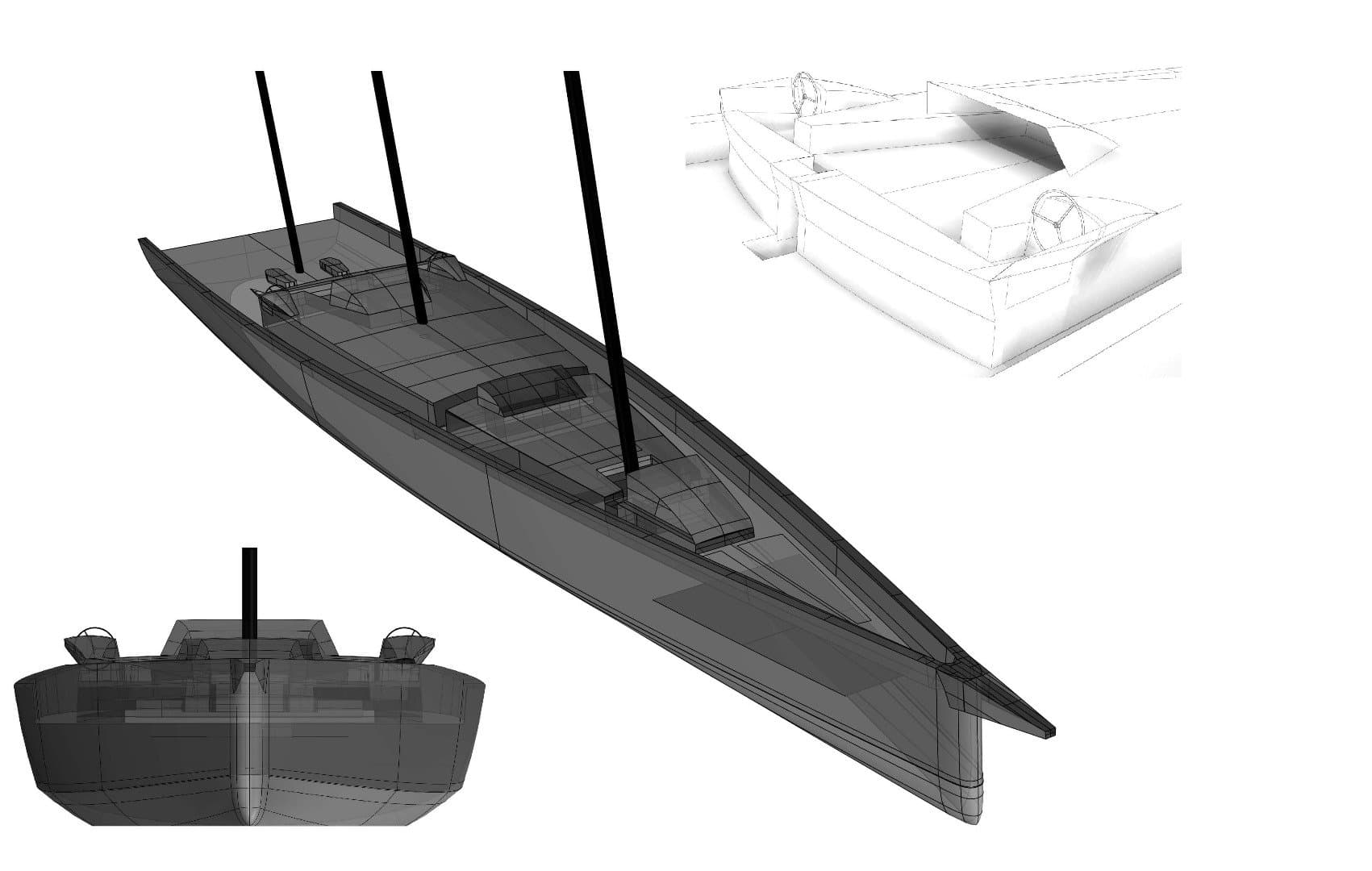 3D CAD renders of a schooner superyacht design