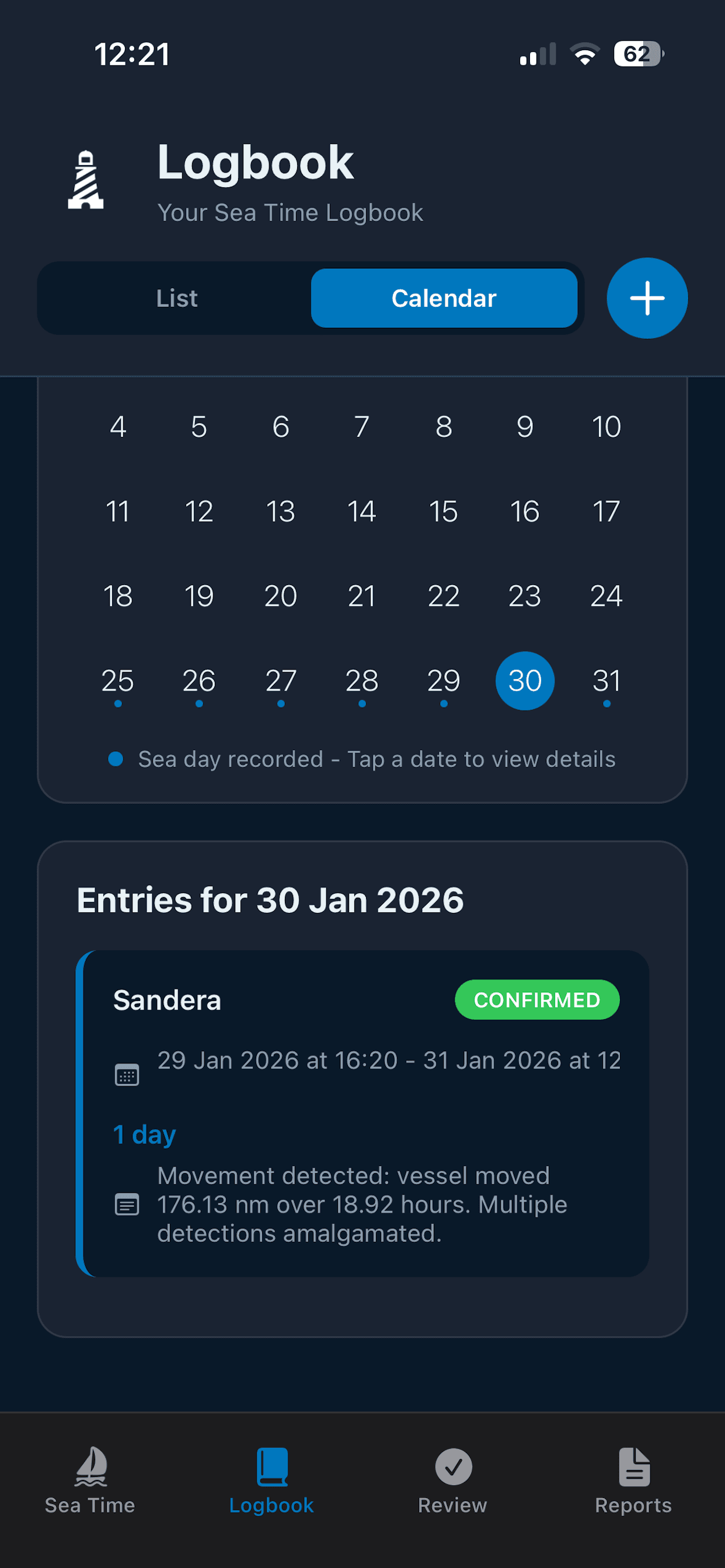 SeaTime Tracker - Logbook calendar view