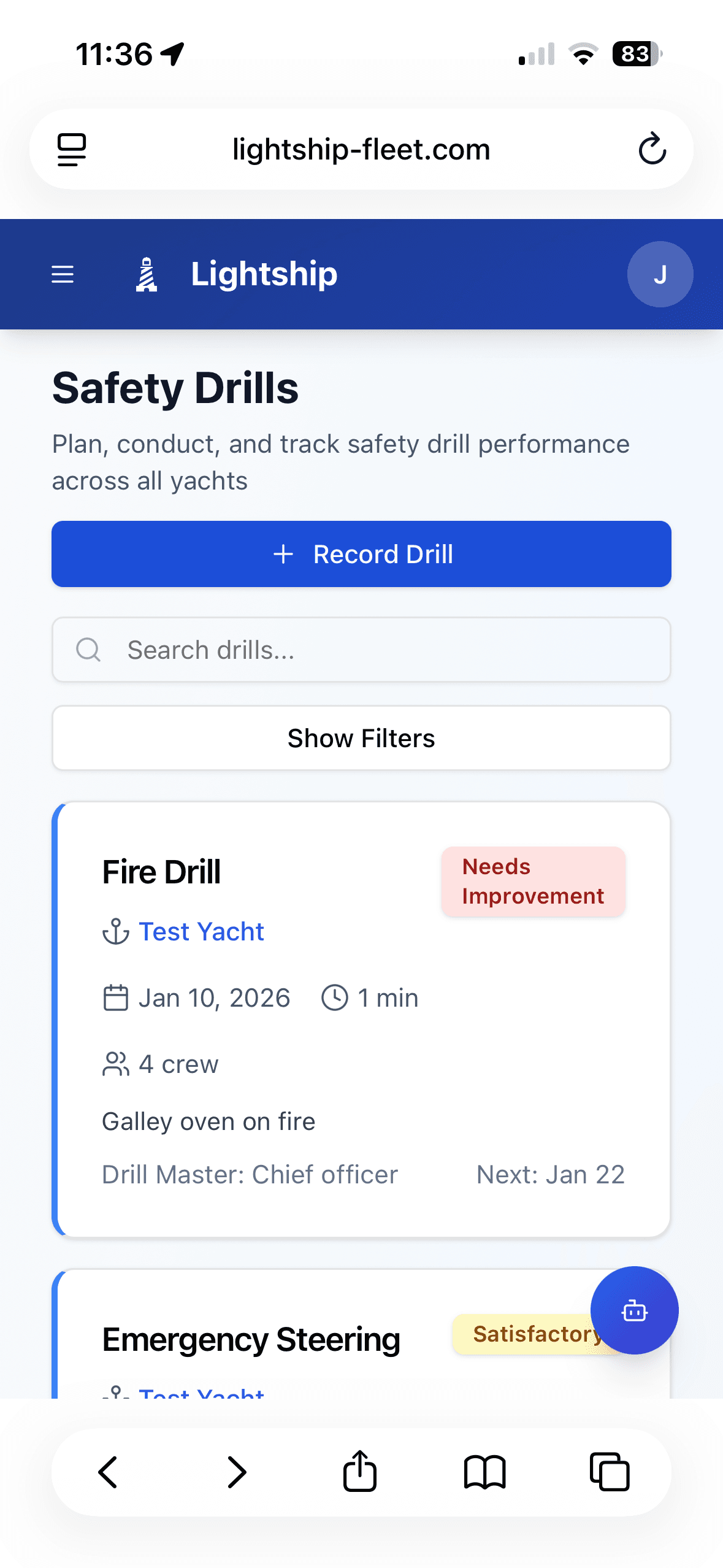 Lightship ISM safety drills on mobile